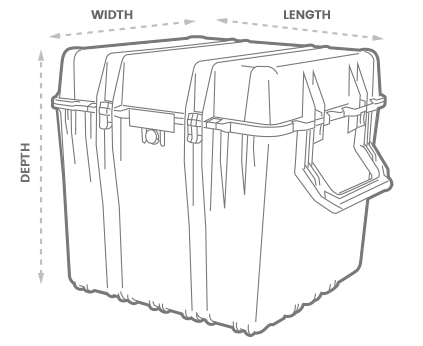 a 3D Drawing of a Peli 0340 cube case with arrows showing the width, length and depth of the case