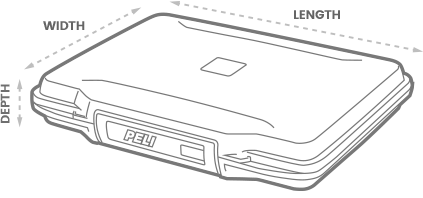 a 3D Drawing of a Peli 1070cc laptop case with arrows showing the width, length and depth of the case