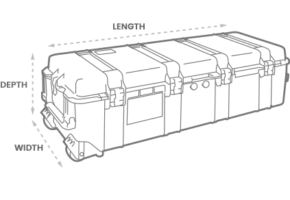 a 3D Drawing of a Peli 1740 long case with arrows showing the width, length and depth of the case