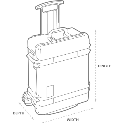 a 3D Drawing of a Peli 1610m mobility case with arrows showing the width, length and depth of the case