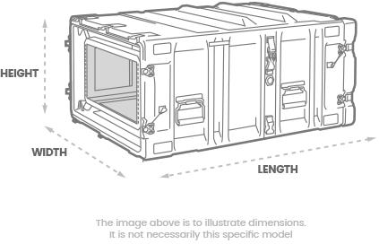 a 3D Drawing of a peli hardigg classic v 4u rack mount case with arrows showing the width, length and depth of the case