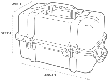 a 3D drawing of a Peli 1460ems Case with arrows showing the width, length and depth of the case