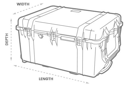 a 3D Drawing of a Peli storm case with arrows showing the width, length and depth of the case
