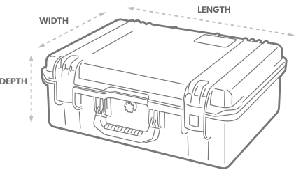 a 3D Drawing of a Peli storm case with arrows showing the width, length and depth of the case