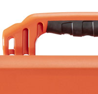 close up of an orange peli air 1465ems case Rubber Overmoulded Handles