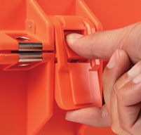 close up of an orange peli air 1465ems case Easy-to-open Press and Pull Latches