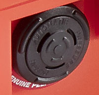close up of an orange peli air 1465ems case Automatic Purge Valve which Balances Air Pressure and Keeps Water Out