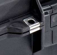 Close up of peli 1755 air cases Stainless Steel Hasp Protectors