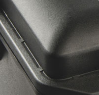 close up of a new style 'conic curve' lid shape on a black peli case