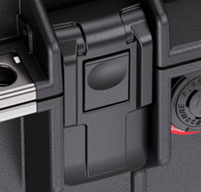 a close up of a Peli Air 1555 cases proven Tough Double-Throw Latches