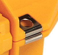 a close up of a Peli Air 1525 cases Stainless Steel Hasp Protectors