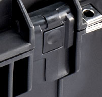 close up of a black peli air 1465 cases Press and Pull latches