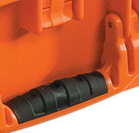 close up of orange peli case overmoulded rubber handle