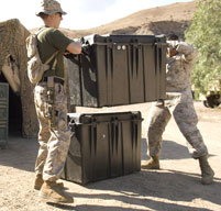 Two members of the military moving a peli 0550 transport case