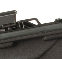 close up shot of the black Peli 1070cc laptop case lockable hasps