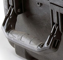 Close up of grey peli cases over-molded rubber handle