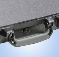 a close up of a black Peli 1470 laptop cases comfortable rubber over-molded handle
