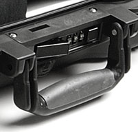 a close up of a peli 1495cc2 laptop case fold down overmolded handle