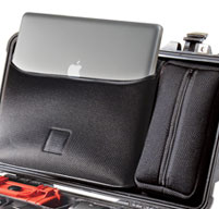 a close up of the Detachable laptop sleeve and accessories pouch on a peli 1510sc studio case black