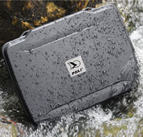 Black Peli case in water outside to show its waterproof, dustproof and crushproof