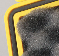 Close up of yellow peli case black o'ring seal