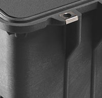 close up of peli 0370 cube case Stainless steel hardware and padlock protectors