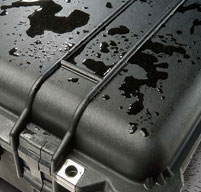 close up of a peli case with water on the lid showing its watertight