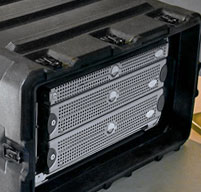 close up of peli hardigg blackbox 9u rack mount cases Shock mounts which provides 2 inches of sway space to isolate equipment