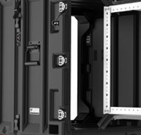 Close up of peli hardigg classic v 7u rack mount cases Recessed hardware that protecs from impact and snag-free transport