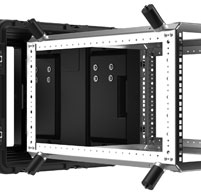 Close up of peli hardigg super v 9u rack mount cases Fixed square hole frame for universal equipment fit