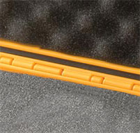 close up of yellow peli cases poweful hinges