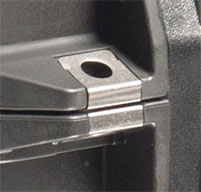 a close up of a black peli IM2435 Storm case Stainless Steel Padlock Protectors