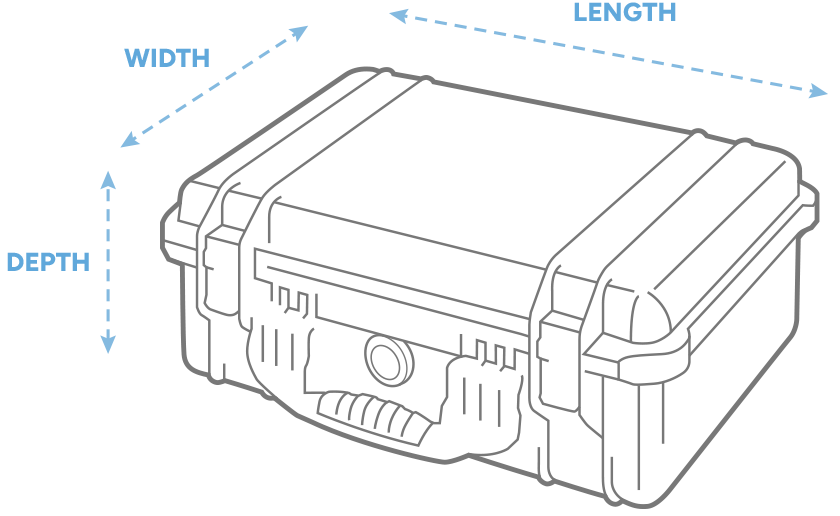 a 3D drawing of a Peli air 1485 case with arrows showing the width, length and depth of the case