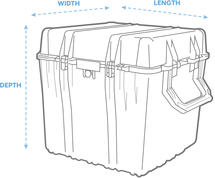 a 3D Drawing of a Peli 0350 cube case with arrows showing the width, length and depth of the case