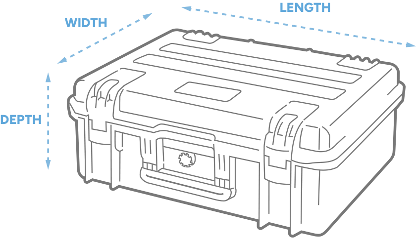 a 3D Drawing of an Explorer Case with arrows showing the width, length and depth of the case