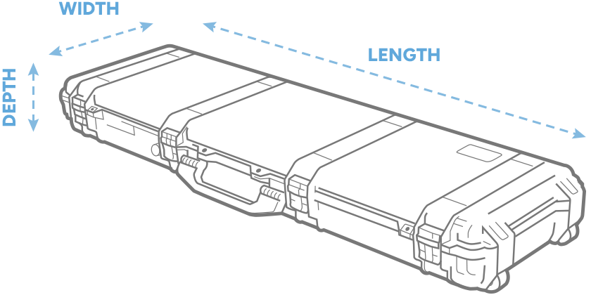 a 3D Drawing of a Peli storm im3410 case with arrows showing the width, length and depth of the case