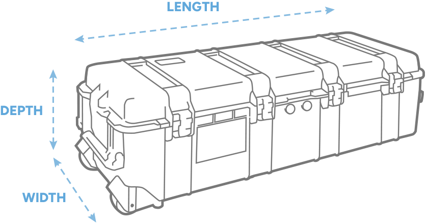 a 3D Drawing of a Peli 1740 long case with arrows showing the width, length and depth of the case