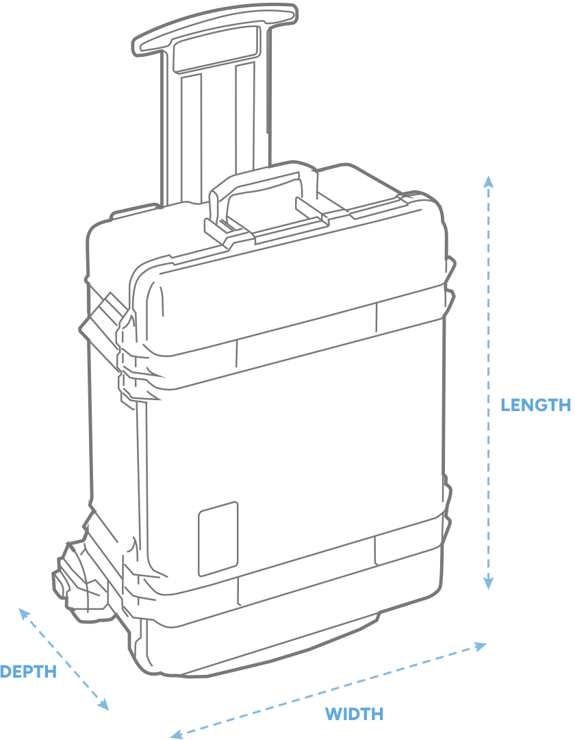 a 3D Drawing of a Peli 1610m mobility case with arrows showing the width, length and depth of the case