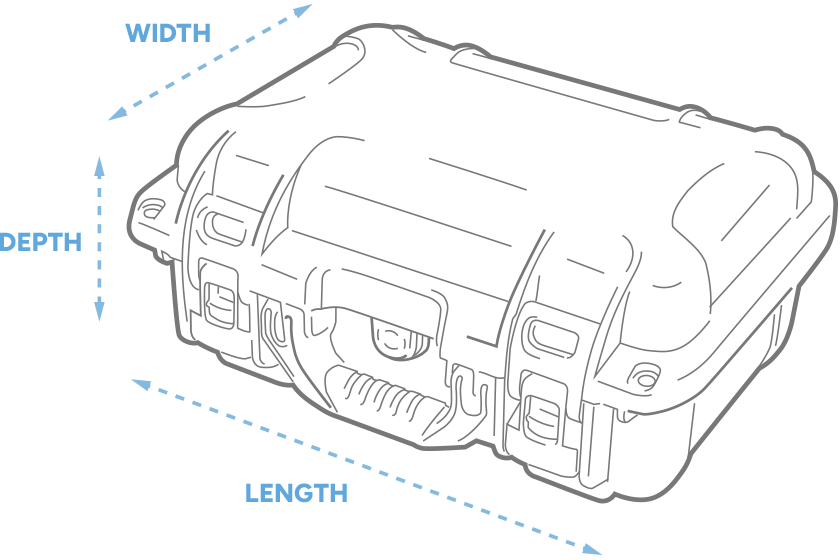 a 3D drawing of a Nanuk Case with arrows showing the width, length and depth of the case