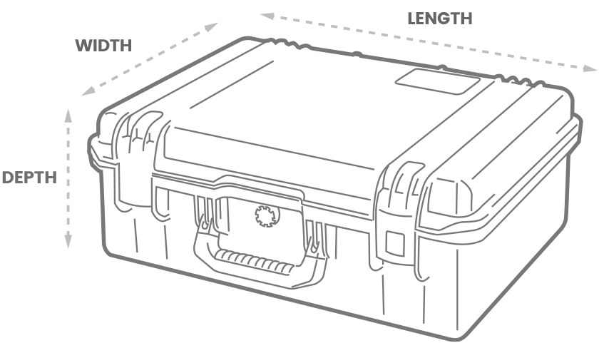 a 3D Drawing of a Peli Case with arrows showing the width, length and depth of the case