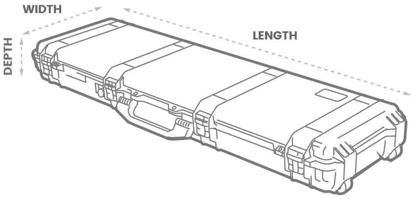 a 3D drawing of a Peli Air Case with arrows showing the width, length and depth of the case