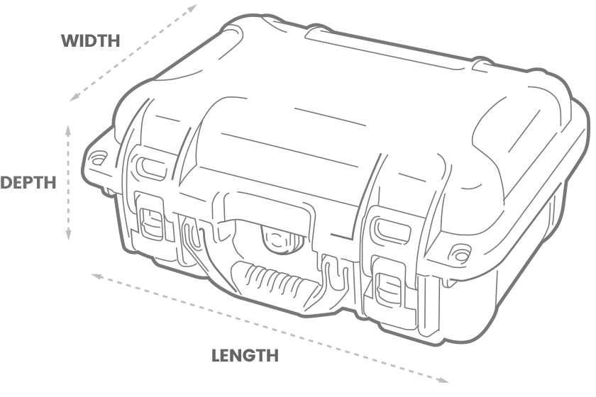 a 3D drawing of a Nanuk Case with arrows showing the width, length and depth of the case