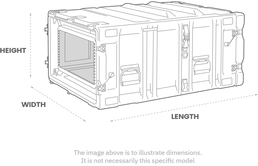 a 3D Drawing of a peli hardigg super v 4u rack mount case with arrows showing the width, length and depth of the case