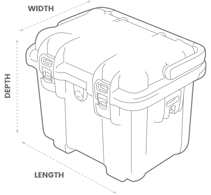 a 3D drawing of a Nanuk Case with arrows showing the width, length and depth of the case