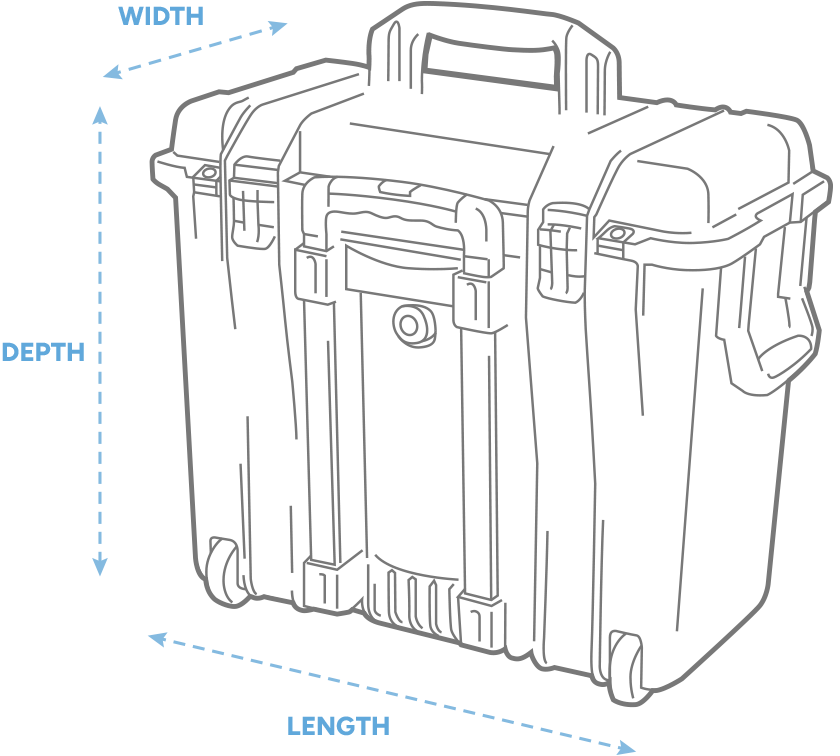 a 3D drawing of a Peli IM2435 Storm Case with arrows showing the width, length and depth of the case