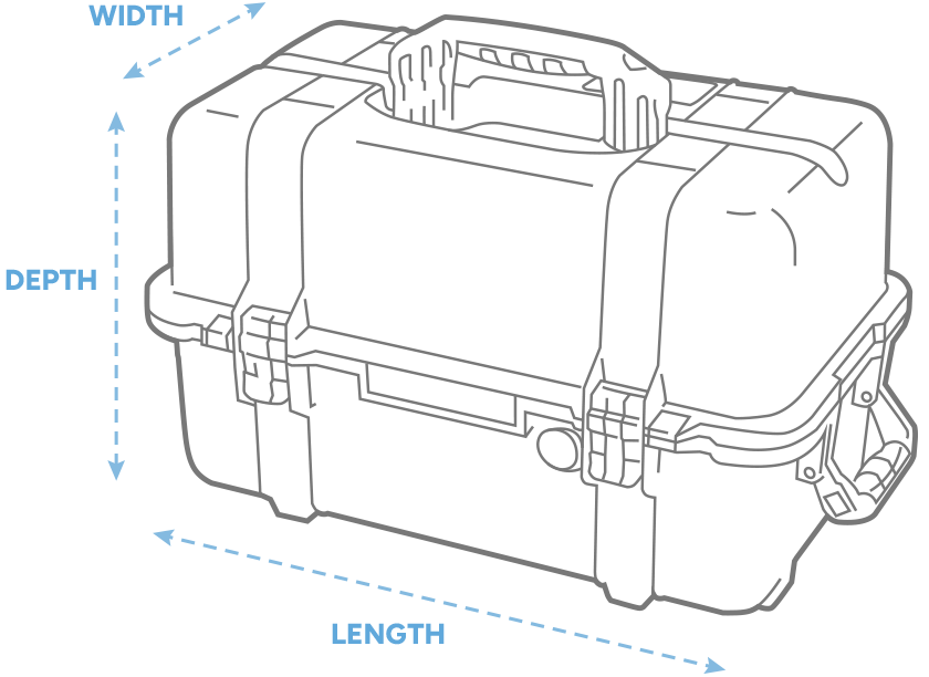 a 3D drawing of a Peli air 1465ems case with arrows showing the width, length and depth of the case