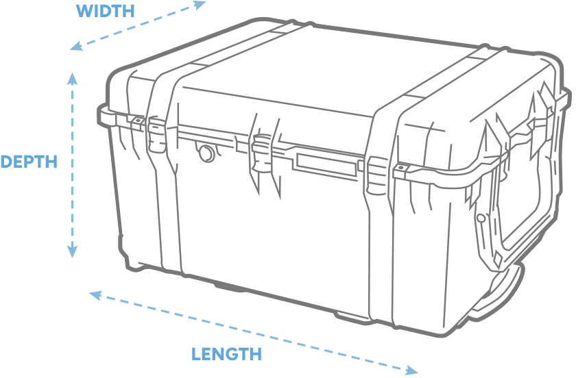 a 3D Drawing of a Peli 0550 transport case with arrows showing the width, length and depth of the case