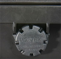 a close up of a black peli IM2300 Storm cases Vortex Valve